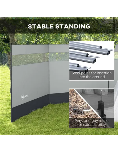 Outsunny Camping Windbreaker with Clear Windows, Carry Bag and Steel Poles, for Beach Caravan Campervan, 440 x 140cm, Grey