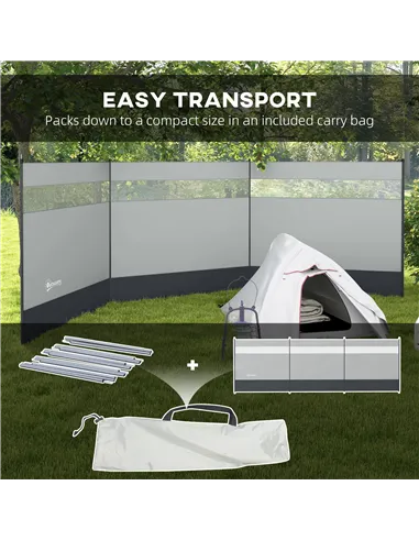 Outsunny Camping Windbreaker with Clear Windows, Carry Bag and Steel Poles, for Beach Caravan Campervan, 440 x 140cm, Grey