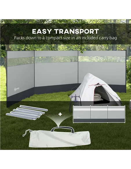 Outsunny Camping Windbreaker with Clear Windows, Carry Bag and Steel Poles, for Beach Caravan Campervan, 440 x 140cm, Grey