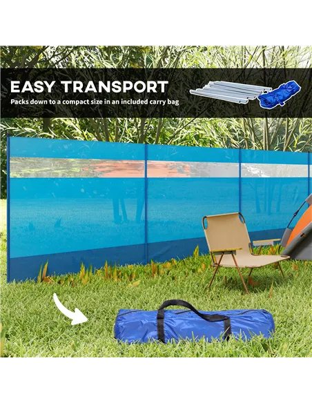 Outsunny Camping Windbreaker with Clear Windows, Carry Bag and Steel Poles, for Beach Caravan Campervan, 725 x 140cm, Blue
