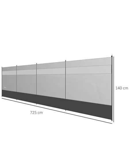 Outsunny Camping Windbreaker with Clear Windows, Carry Bag and Steel Poles, for Beach Caravan Campervan, 725 x 140cm, Grey