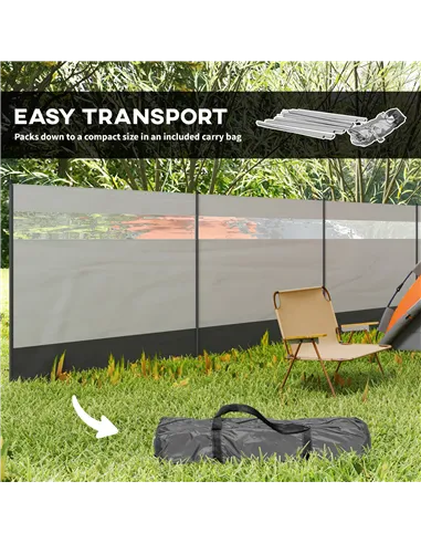 Outsunny Camping Windbreaker with Clear Windows, Carry Bag and Steel Poles, for Beach Caravan Campervan, 725 x 140cm, Grey