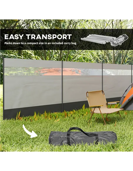 Outsunny Camping Windbreaker with Clear Windows, Carry Bag and Steel Poles, for Beach Caravan Campervan, 725 x 140cm, Grey