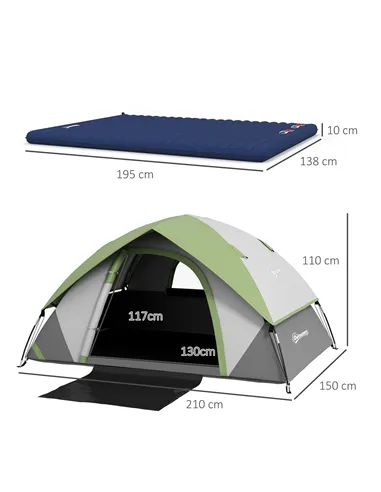 Outsunny Camping Tent with Inflatable Mattress, 2-3 Person Dome Tent with Air Bed and Sewn-in Groundsheet, Portable 3000mm Water