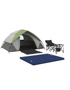Outsunny Camping Tent with Inflatable Mattress and Camping Table&Chair, 2-3 Person Dome Tent with Sewn-in Groundsheet, Portable 