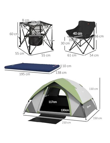 Outsunny Camping Tent with Inflatable Mattress and Camping Table&Chair, 2-3 Person Dome Tent with Sewn-in Groundsheet, Portable 