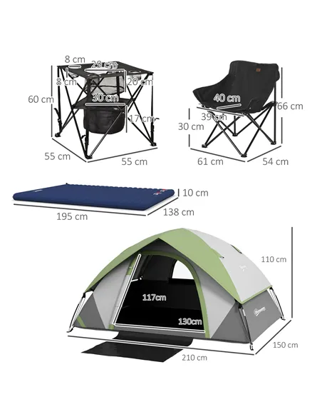 Outsunny Camping Tent with Inflatable Mattress and Camping Table&Chair, 2-3 Person Dome Tent with Sewn-in Groundsheet, Portable 