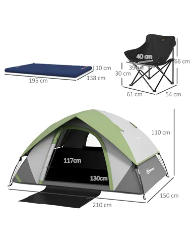 Outsunny Camping Tent with Inflatable Mattress and Camping Chair, 2-3 Person Dome Tent with Sewn-in Groundsheet, Portable 3000mm