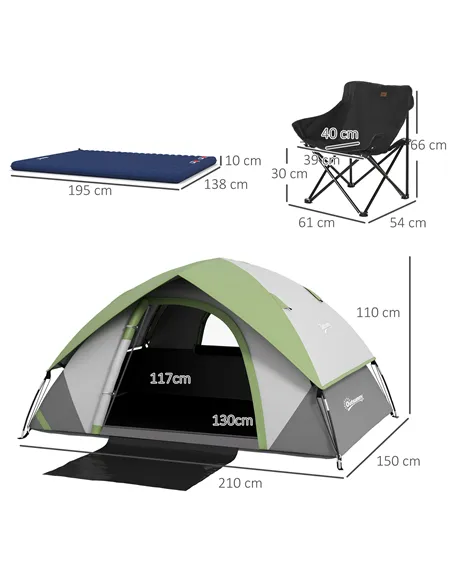 Outsunny Camping Tent with Inflatable Mattress and Camping Chair, 2-3 Person Dome Tent with Sewn-in Groundsheet, Portable 3000mm