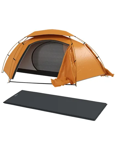 Outsunny Camping Tent with Self Inflatable Mattress, 1 Person Dome Tent with Removable Rainfly and Aluminium Frame, 2000mm Water
