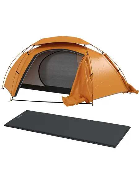 Outsunny Camping Tent with Self Inflatable Mattress, 1 Person Dome Tent with Removable Rainfly and Aluminium Frame, 2000mm Water