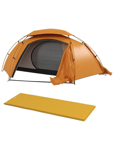 Outsunny Camping Tent with Self Inflatable Mattress, 1 Person Dome Tent with Removable Rainfly and Aluminium Frame, 2000mm Water