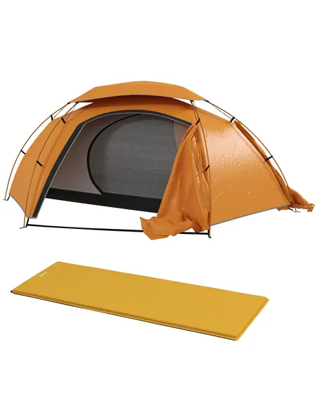 Outsunny Camping Tent with Self Inflatable Mattress, 1 Person Dome Tent with Removable Rainfly and Aluminium Frame, 2000mm Water