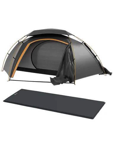 Outsunny Camping Tent with Self Inflatable Mattress, 1 Person Dome Tent with Removable Rainfly and Aluminium Frame, 2000mm Water