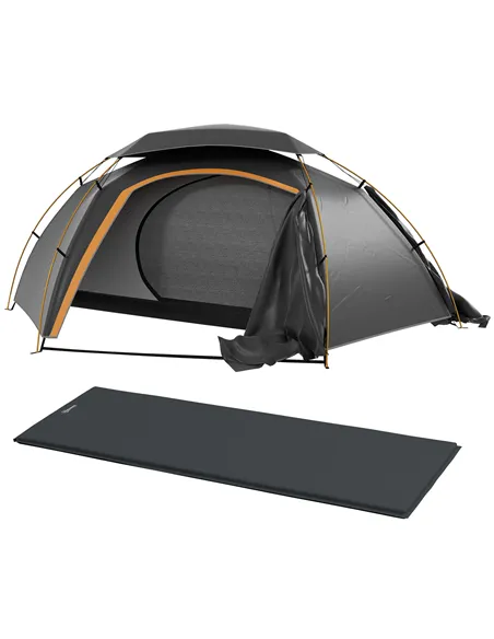 Outsunny Camping Tent with Self Inflatable Mattress, 1 Person Dome Tent with Removable Rainfly and Aluminium Frame, 2000mm Water