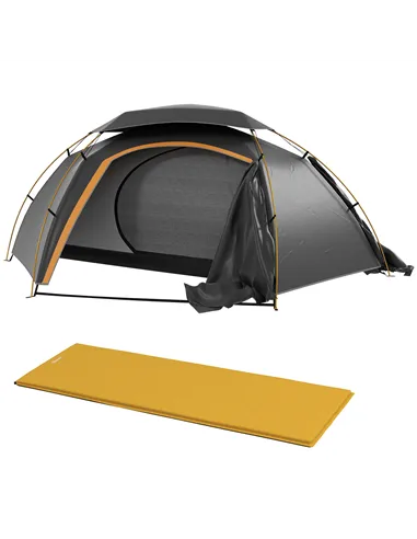 Outsunny Camping Tent with Self Inflatable Mattress, 1 Person Dome Tent with Removable Rainfly and Aluminium Frame, 2000mm Water