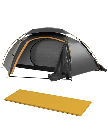 Outsunny Camping Tent with Self Inflatable Mattress, 1 Person Dome Tent with Removable Rainfly and Aluminium Frame, 2000mm Water