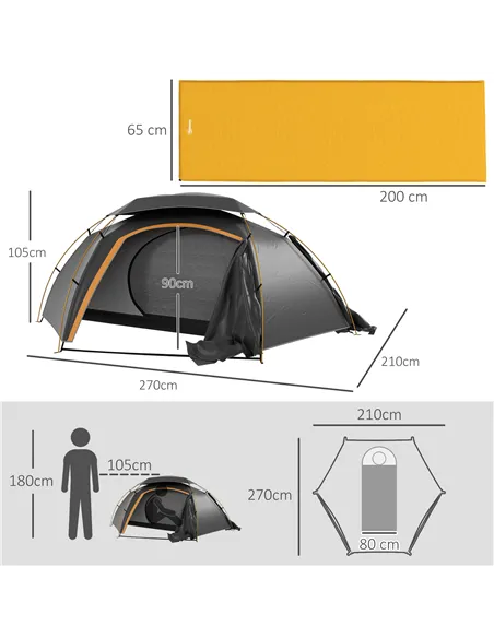 Outsunny Camping Tent with Self Inflatable Mattress, 1 Person Dome Tent with Removable Rainfly and Aluminium Frame, 2000mm Water