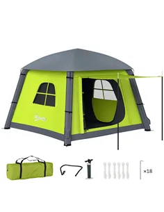Outsunny Inflatable Camping Tent w/ Hand Pump, Easy Setup 1/2 Person Blow Up Tent Waterproof 190T Taffeta w/ Mesh Windows, Doors