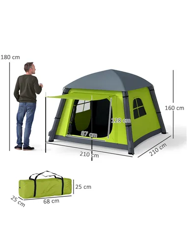 Outsunny Inflatable Camping Tent w/ Hand Pump, Easy Setup 1/2 Person Blow Up Tent Waterproof 190T Taffeta w/ Mesh Windows, Doors