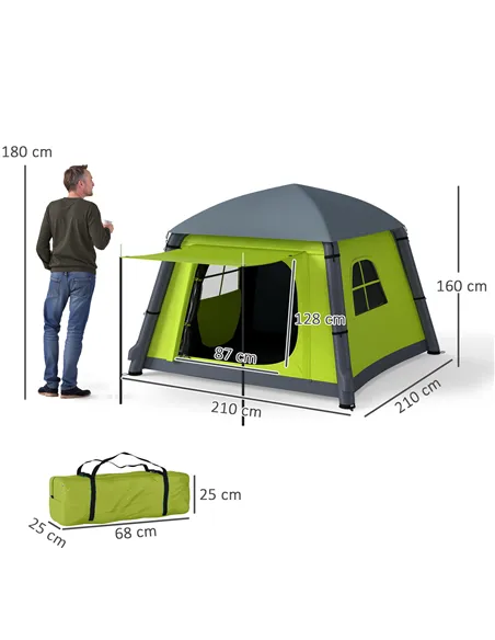 Outsunny Inflatable Camping Tent w/ Hand Pump, Easy Setup 1/2 Person Blow Up Tent Waterproof 190T Taffeta w/ Mesh Windows, Doors