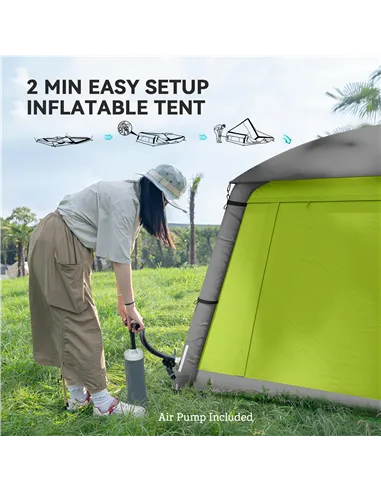 Outsunny Inflatable Camping Tent w/ Hand Pump, Easy Setup 1/2 Person Blow Up Tent Waterproof 190T Taffeta w/ Mesh Windows, Doors