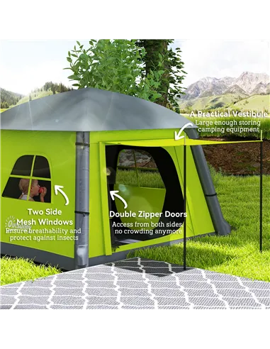 Outsunny Inflatable Camping Tent w/ Hand Pump, Easy Setup 1/2 Person Blow Up Tent Waterproof 190T Taffeta w/ Mesh Windows, Doors
