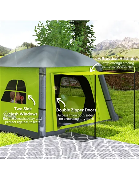 Outsunny Inflatable Camping Tent w/ Hand Pump, Easy Setup 1/2 Person Blow Up Tent Waterproof 190T Taffeta w/ Mesh Windows, Doors