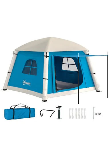 Outsunny Inflatable Camping Tent w/ Hand Pump, Easy Setup 1/2 Person Blow Up Tent Waterproof 190T Taffeta w/ Mesh Windows, Doors
