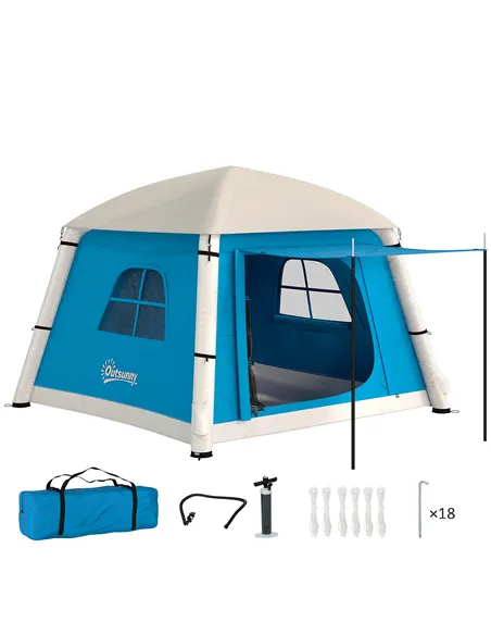 Outsunny Inflatable Camping Tent w/ Hand Pump, Easy Setup 1/2 Person Blow Up Tent Waterproof 190T Taffeta w/ Mesh Windows, Doors