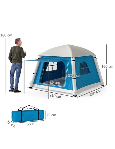 Outsunny Inflatable Camping Tent w/ Hand Pump, Easy Setup 1/2 Person Blow Up Tent Waterproof 190T Taffeta w/ Mesh Windows, Doors