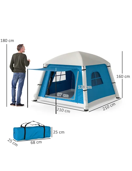 Outsunny Inflatable Camping Tent w/ Hand Pump, Easy Setup 1/2 Person Blow Up Tent Waterproof 190T Taffeta w/ Mesh Windows, Doors