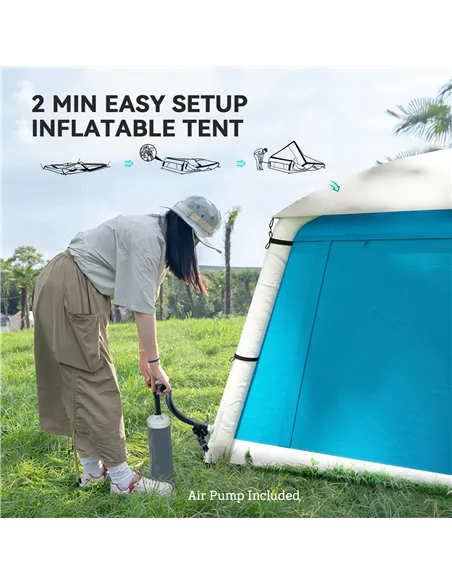 Outsunny Inflatable Camping Tent w/ Hand Pump, Easy Setup 1/2 Person Blow Up Tent Waterproof 190T Taffeta w/ Mesh Windows, Doors