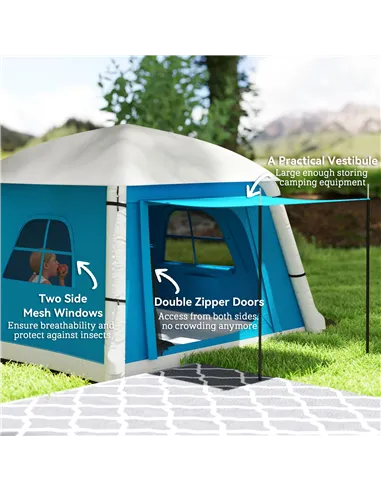 Outsunny Inflatable Camping Tent w/ Hand Pump, Easy Setup 1/2 Person Blow Up Tent Waterproof 190T Taffeta w/ Mesh Windows, Doors