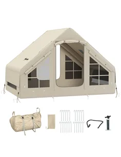 Outsunny Inflatable Camping Tent with Pump and Stove Jack Hole, Easy Setup 2-4 Person Blow Up Tent, Waterproof Luxury Inflatable