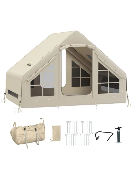 Outsunny Inflatable Camping Tent with Pump and Stove Jack Hole, Easy Setup 2-4 Person Blow Up Tent, Waterproof Luxury Inflatable