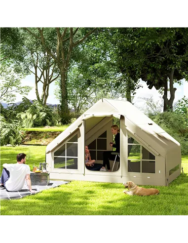 Outsunny Inflatable Camping Tent with Pump and Stove Jack Hole, Easy Setup 2-4 Person Blow Up Tent, Waterproof Luxury Inflatable