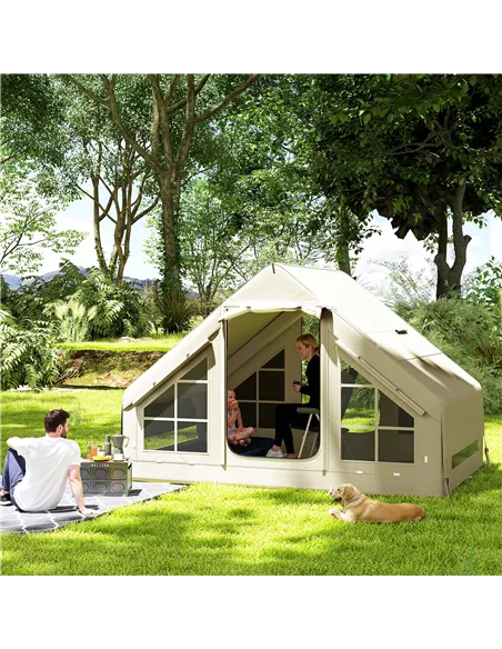 Outsunny Inflatable Camping Tent with Pump and Stove Jack Hole, Easy Setup 2-4 Person Blow Up Tent, Waterproof Luxury Inflatable