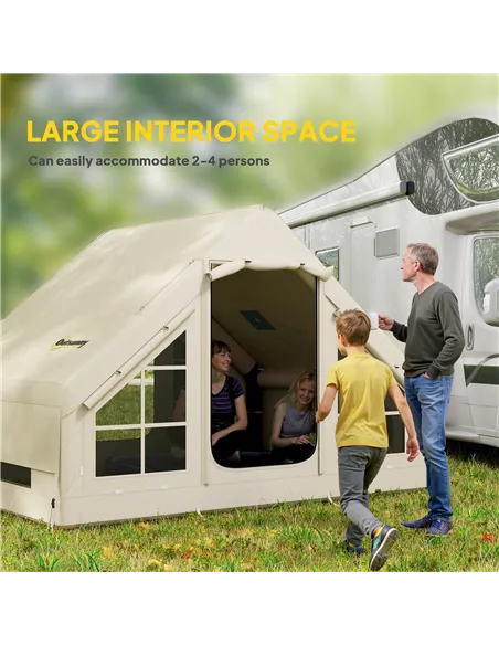 Outsunny Inflatable Camping Tent with Pump and Stove Jack Hole, Easy Setup 2-4 Person Blow Up Tent, Waterproof Luxury Inflatable