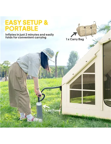 Outsunny Inflatable Camping Tent with Pump and Stove Jack Hole, Easy Setup 2-4 Person Blow Up Tent, Waterproof Luxury Inflatable