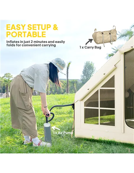 Outsunny Inflatable Camping Tent with Pump and Stove Jack Hole, Easy Setup 2-4 Person Blow Up Tent, Waterproof Luxury Inflatable