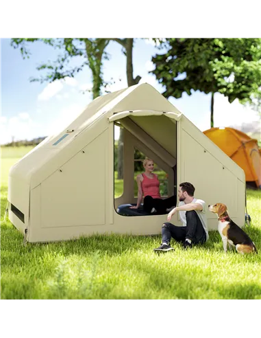 Outsunny Inflatable Camping Tent with Pump and Stove Jack Hole, Easy Setup 2-4 Person Blow Up Tent, Waterproof Luxury Inflatable