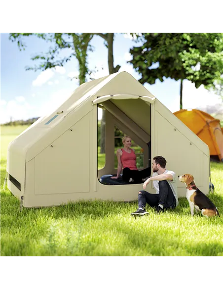 Outsunny Inflatable Camping Tent with Pump and Stove Jack Hole, Easy Setup 2-4 Person Blow Up Tent, Waterproof Luxury Inflatable