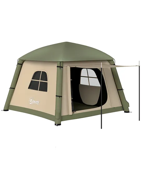 Outsunny Inflatable Camping Tent w/ Hand Pump, Easy Setup 1/2 Person Blow Up Tent Waterproof 190T Taffeta w/ Mesh Windows, Doors