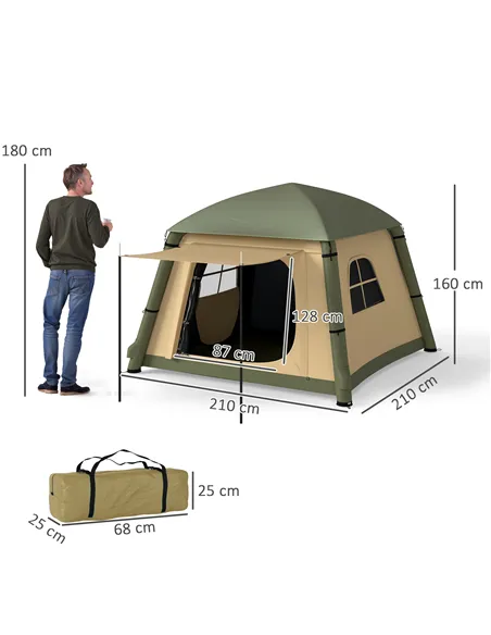 Outsunny Inflatable Camping Tent w/ Hand Pump, Easy Setup 1/2 Person Blow Up Tent Waterproof 190T Taffeta w/ Mesh Windows, Doors