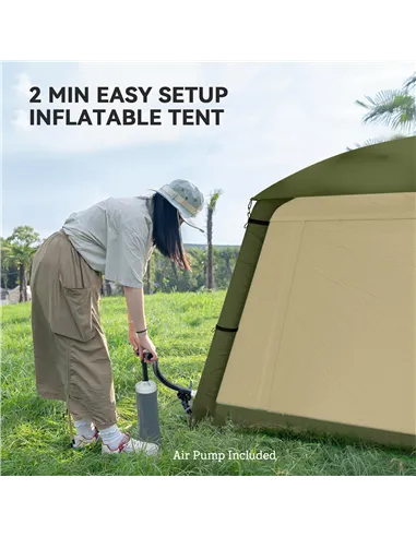 Outsunny Inflatable Camping Tent w/ Hand Pump, Easy Setup 1/2 Person Blow Up Tent Waterproof 190T Taffeta w/ Mesh Windows, Doors