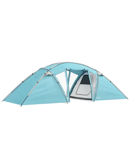Outsunny 4-6 Man Family Camping Tent w/ 2 Bedrooms and a Living Room, Waterproof Tunnel Tent w/ Sewn In Groundsheet, Doors, Wind