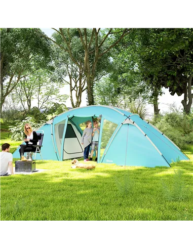 Outsunny 4-6 Man Family Camping Tent w/ 2 Bedrooms and a Living Room, Waterproof Tunnel Tent w/ Sewn In Groundsheet, Doors, Wind