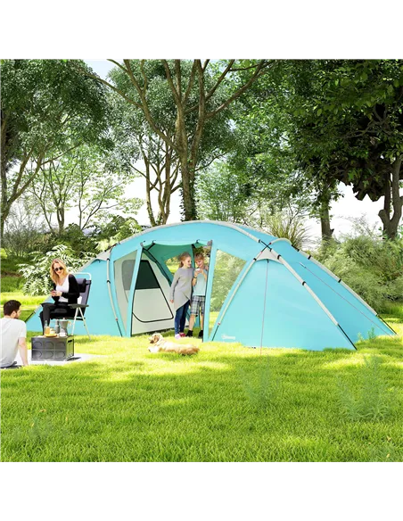 Outsunny 4-6 Man Family Camping Tent w/ 2 Bedrooms and a Living Room, Waterproof Tunnel Tent w/ Sewn In Groundsheet, Doors, Wind