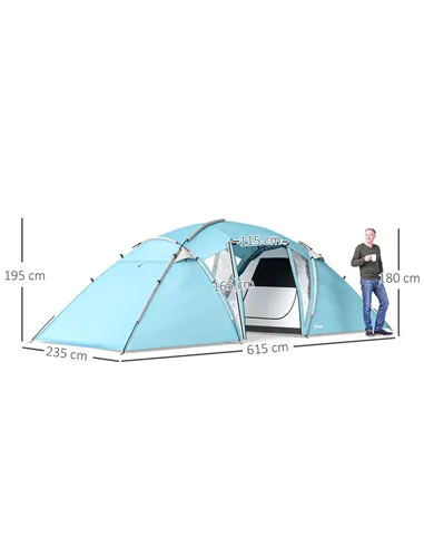 Outsunny 4-6 Man Family Camping Tent w/ 2 Bedrooms and a Living Room, Waterproof Tunnel Tent w/ Sewn In Groundsheet, Doors, Wind